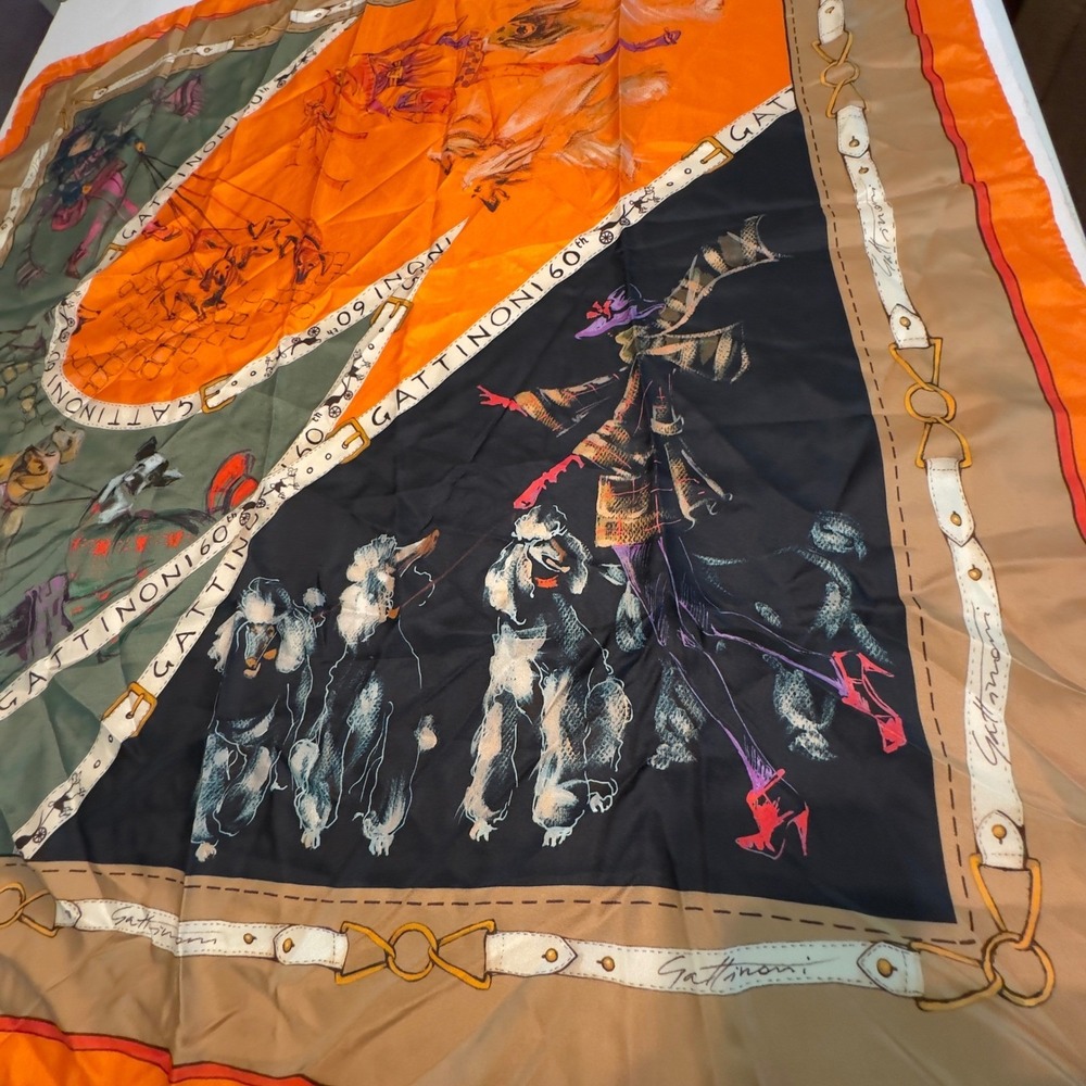 Gattinoni Roma 60th Anniversary Silk Scarf Made in Italy Orange Dog Print 35x36" - Picture 2 of 10